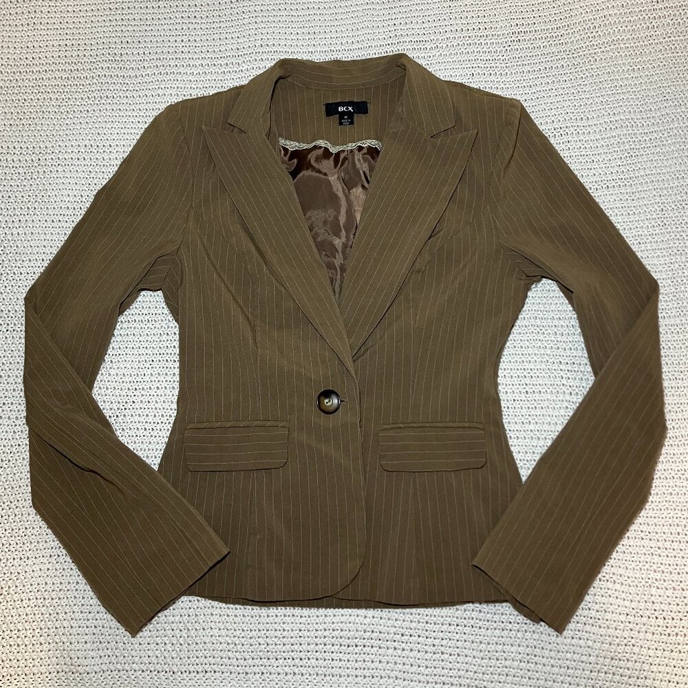 BCX Juniors Medium Brown Pinstripe‎ Blazer Fitted Button Jacket Womens Small Fit